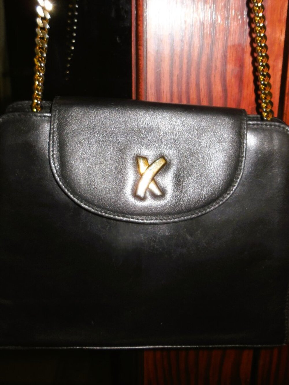 Paloma Picasso Italian Black Leather Crossbody Bag with Gold Chain. Vintage